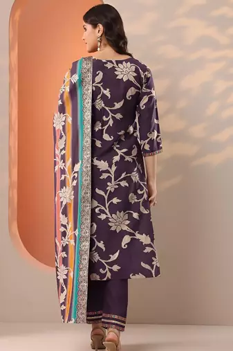 floral printed notch-neck thread work straight kurta & trousers with dupatta