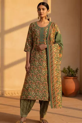 floral printed regular mirror work kurta with salwar & dupatta