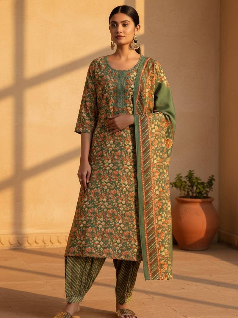 floral printed regular mirror work kurta with salwar & dupatta