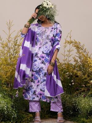 floral embroidered regular kurta with trousers & dupatta 1