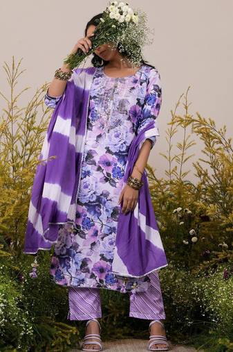 floral embroidered regular kurta with trousers & dupatta