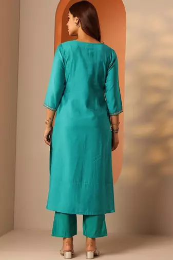women ethnic motifs embroidered regular thread work kurta with trousers