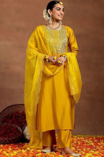 floral yoke design sequnnied straight kurta with trousers & dupatta