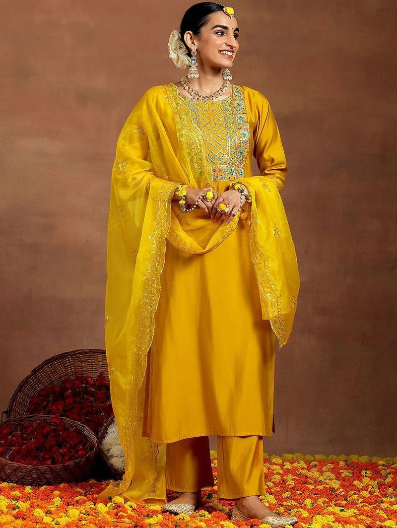 floral yoke design sequnnied straight kurta with trousers & dupatta