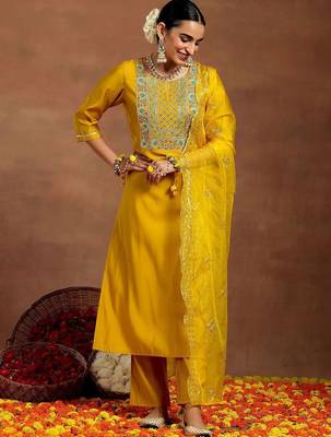 floral yoke design sequnnied straight kurta with trousers & dupatta 2