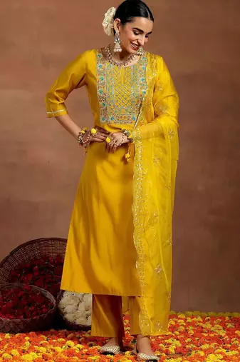 floral yoke design sequnnied straight kurta with trousers & dupatta