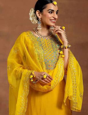 floral yoke design sequnnied straight kurta with trousers & dupatta 3