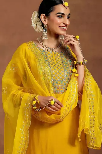 floral yoke design sequnnied straight kurta with trousers & dupatta