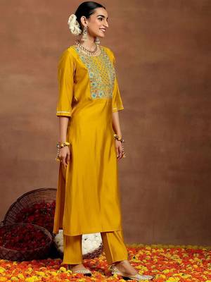 floral yoke design sequnnied straight kurta with trousers & dupatta 4