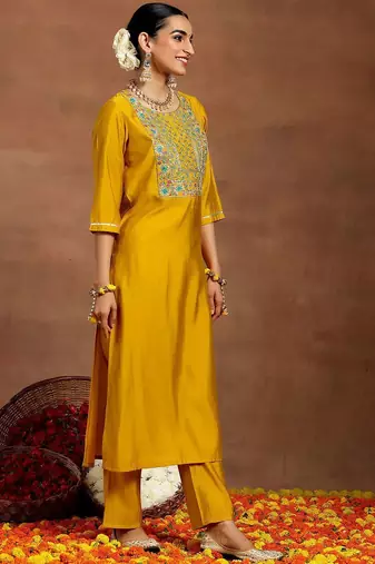 floral yoke design sequnnied straight kurta with trousers & dupatta