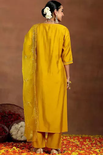 floral yoke design sequnnied straight kurta with trousers & dupatta