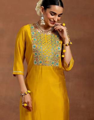 floral yoke design sequnnied straight kurta with trousers & dupatta 6