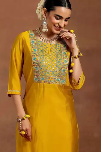 floral yoke design sequnnied straight kurta with trousers & dupatta
