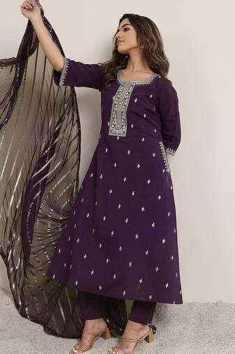 purple floral embroidered sequinned a-line kurta with trousers & dupatta