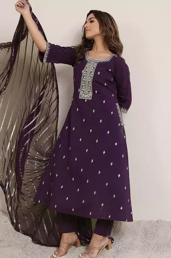 purple floral embroidered sequinned a-line kurta with trousers & dupatta