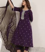 purple floral embroidered sequinned a-line kurta with trousers & dupatta