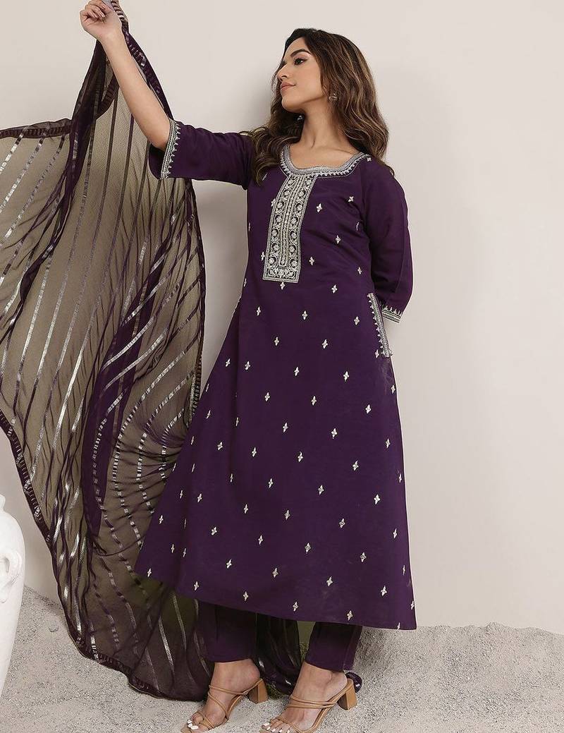 purple floral embroidered sequinned a-line kurta with trousers & dupatta