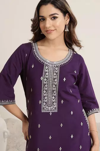 purple floral embroidered sequinned a-line kurta with trousers & dupatta