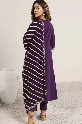 purple floral embroidered sequinned a-line kurta with trousers & dupatta