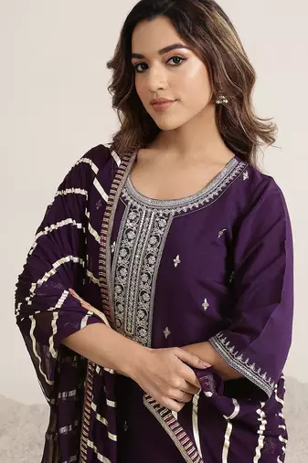 purple floral embroidered sequinned a-line kurta with trousers & dupatta