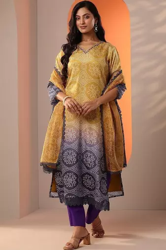 women ethnic motifs printed regular kurta with trousers & with dupatta