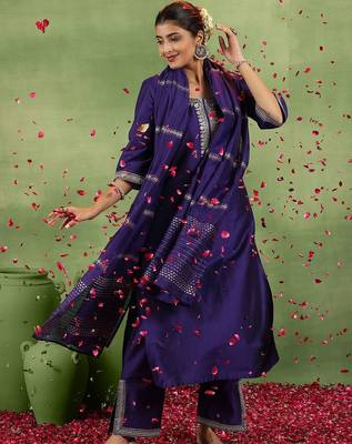ethnic motifs yoke design sequinned straight kurta with trousers & dupatta 1