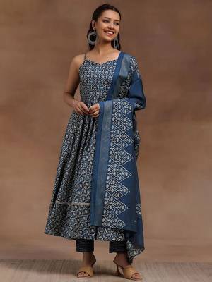 womens blue printed anarkali kurta with trousers & dupatta 1