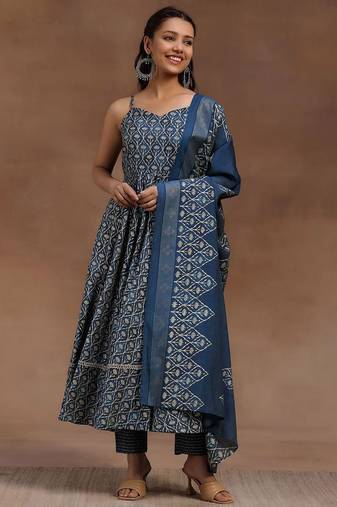 womens blue printed anarkali kurta with trousers & dupatta