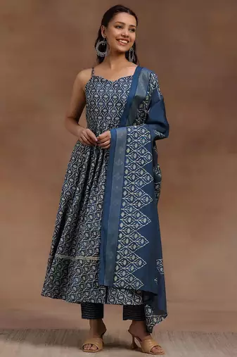 womens blue printed anarkali kurta with trousers & dupatta