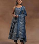 womens blue printed anarkali kurta with trousers & dupatta