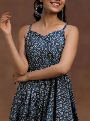 womens blue printed anarkali kurta with trousers & dupatta 2
