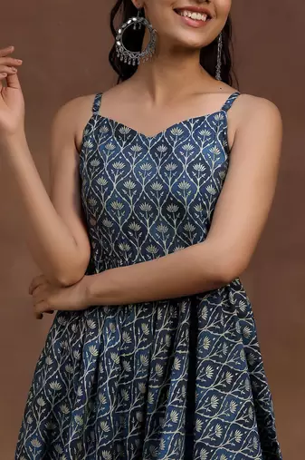 womens blue printed anarkali kurta with trousers & dupatta