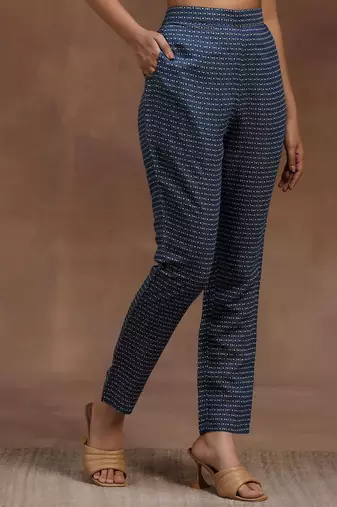 womens blue printed anarkali kurta with trousers & dupatta