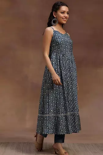 womens blue printed anarkali kurta with trousers & dupatta