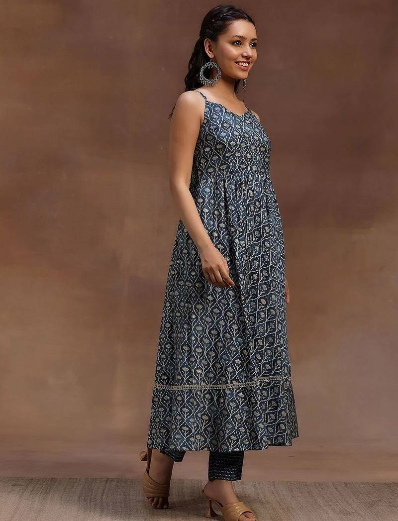 womens blue printed anarkali kurta with trousers & dupatta