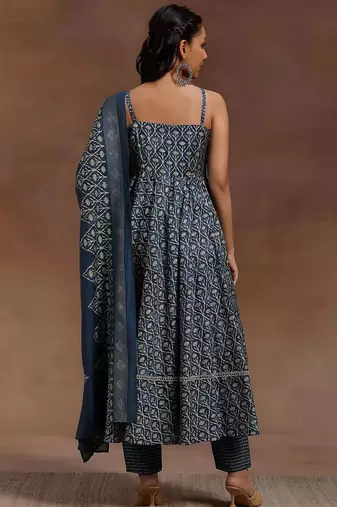 womens blue printed anarkali kurta with trousers & dupatta