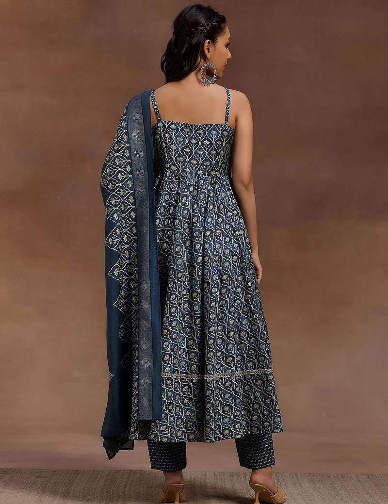 womens blue printed anarkali kurta with trousers & dupatta