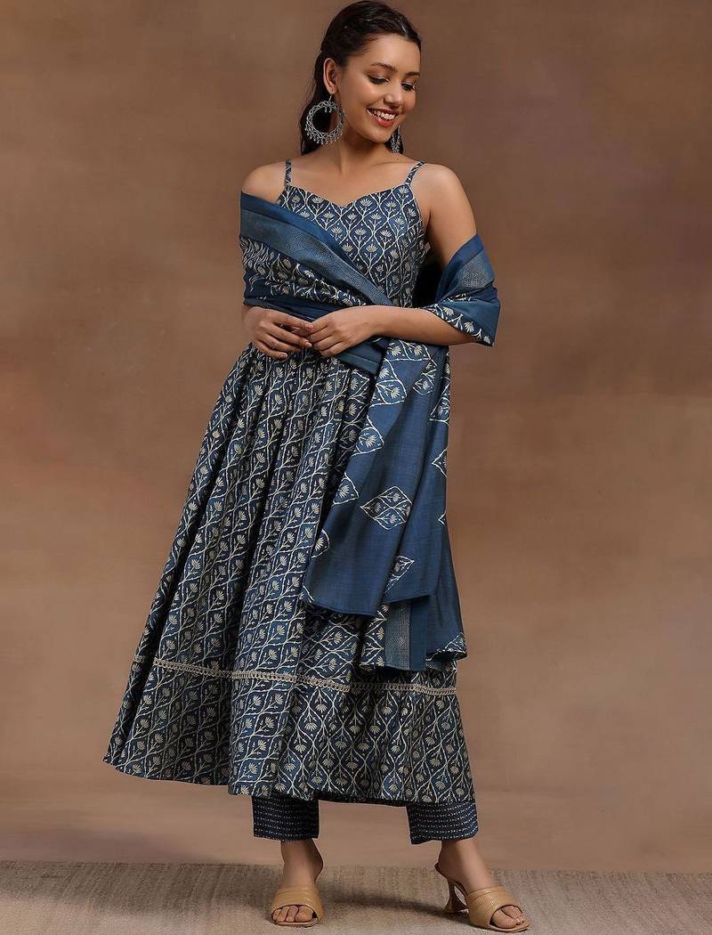 womens blue printed anarkali kurta with trousers & dupatta