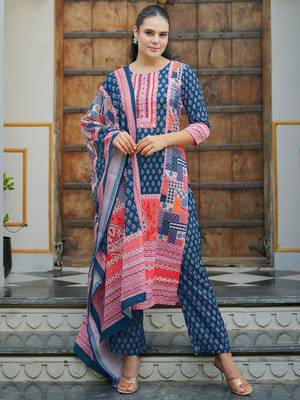 floral printed mirror work linen kurta with trousers & dupatta 2