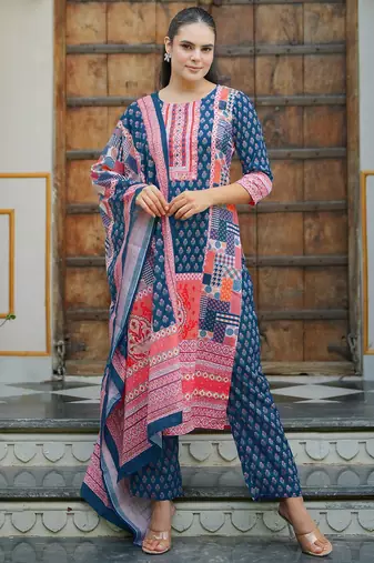 floral printed mirror work linen kurta with trousers & dupatta