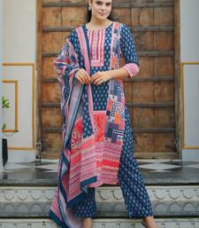 floral printed mirror work linen kurta with trousers & dupatta