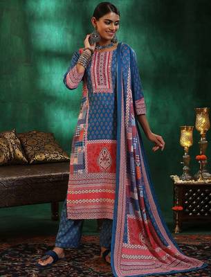 floral printed mirror work linen kurta with trousers & dupatta 3