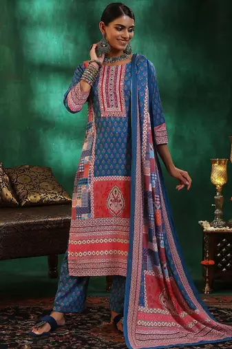 floral printed mirror work linen kurta with trousers & dupatta