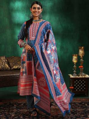 floral printed mirror work linen kurta with trousers & dupatta 1