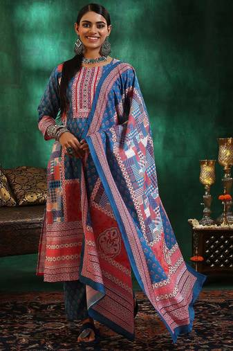 floral printed mirror work linen kurta with trousers & dupatta