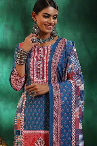 floral printed mirror work linen kurta with trousers & dupatta