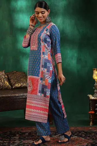 floral printed mirror work linen kurta with trousers & dupatta