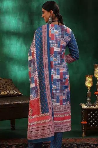 floral printed mirror work linen kurta with trousers & dupatta
