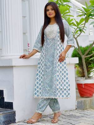 ethnic motifs printed round neck a-line kurta with salwar 1