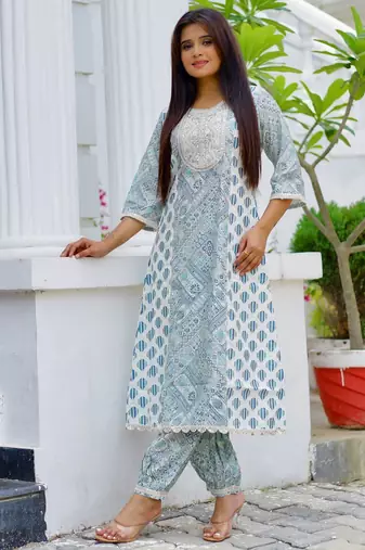 ethnic motifs printed round neck a-line kurta with salwar